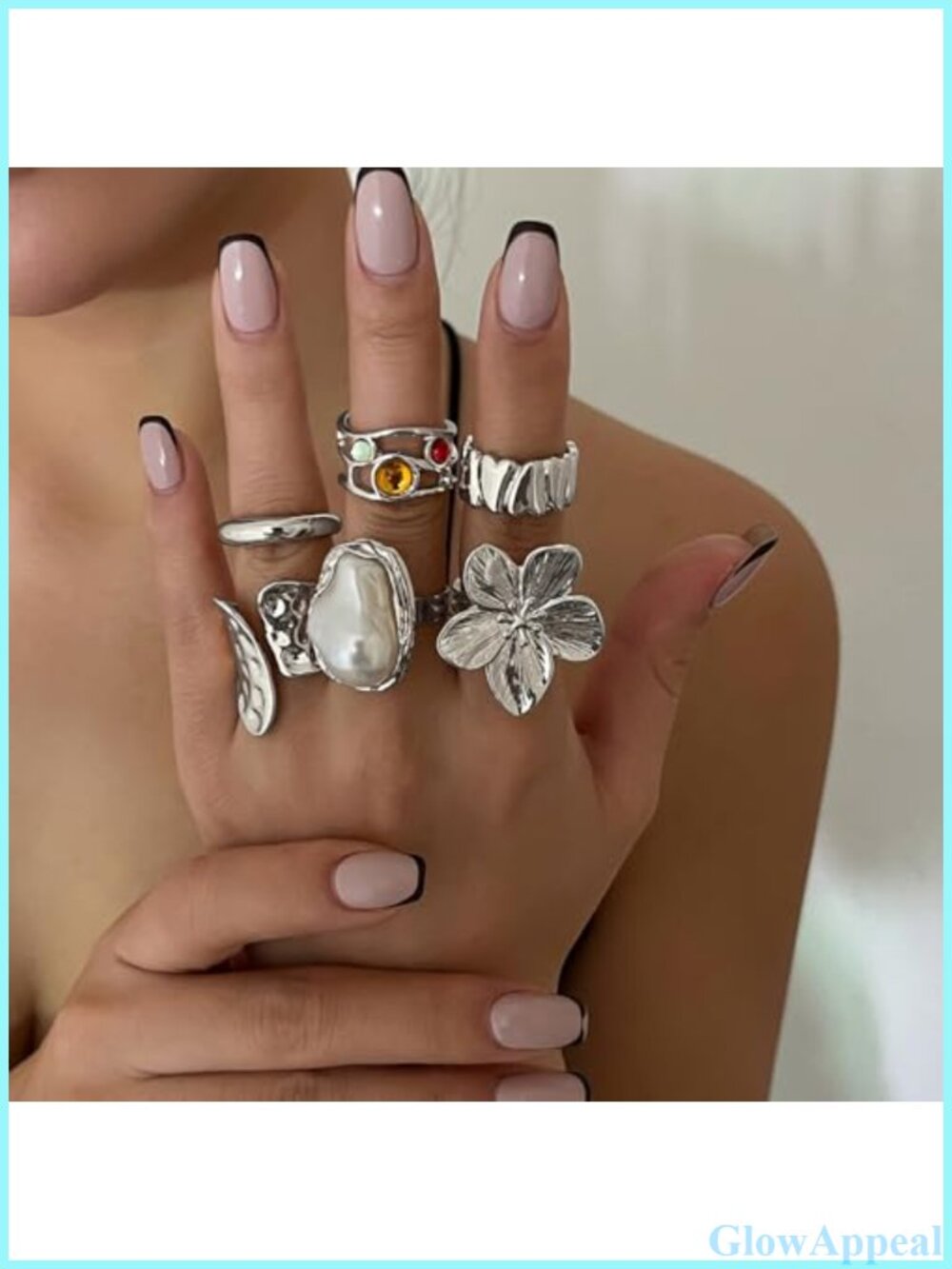 Chunky Stackable Rings Set Adjustable Statement Rings Alloy Pearl Flower - Picture 2 of 5